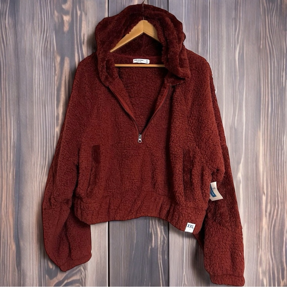 Arizona Jean Co Teddy Cropped Hoodie Jacket Long Sleeves 3/4 Zip Pockets Rust‎